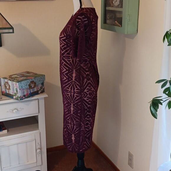 Kelly Renee Geometric Patterned Burgundy Burnt Out Velvet Dress - Picture 6 of 9